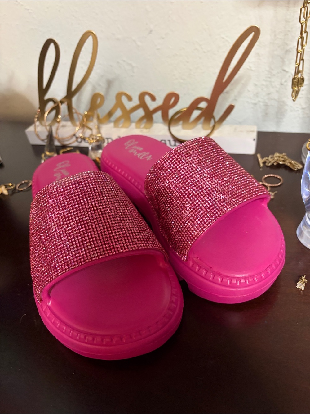 Olivia Miller Hot Pink Crystal Slide Sandals - Picture 5 of 7